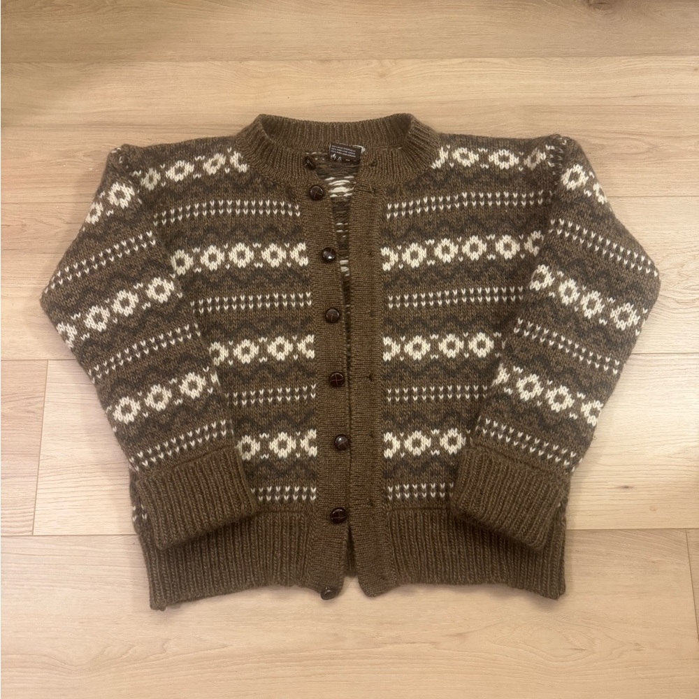 Brown Fair Isle Knit Button-Front Cardigan Sweater